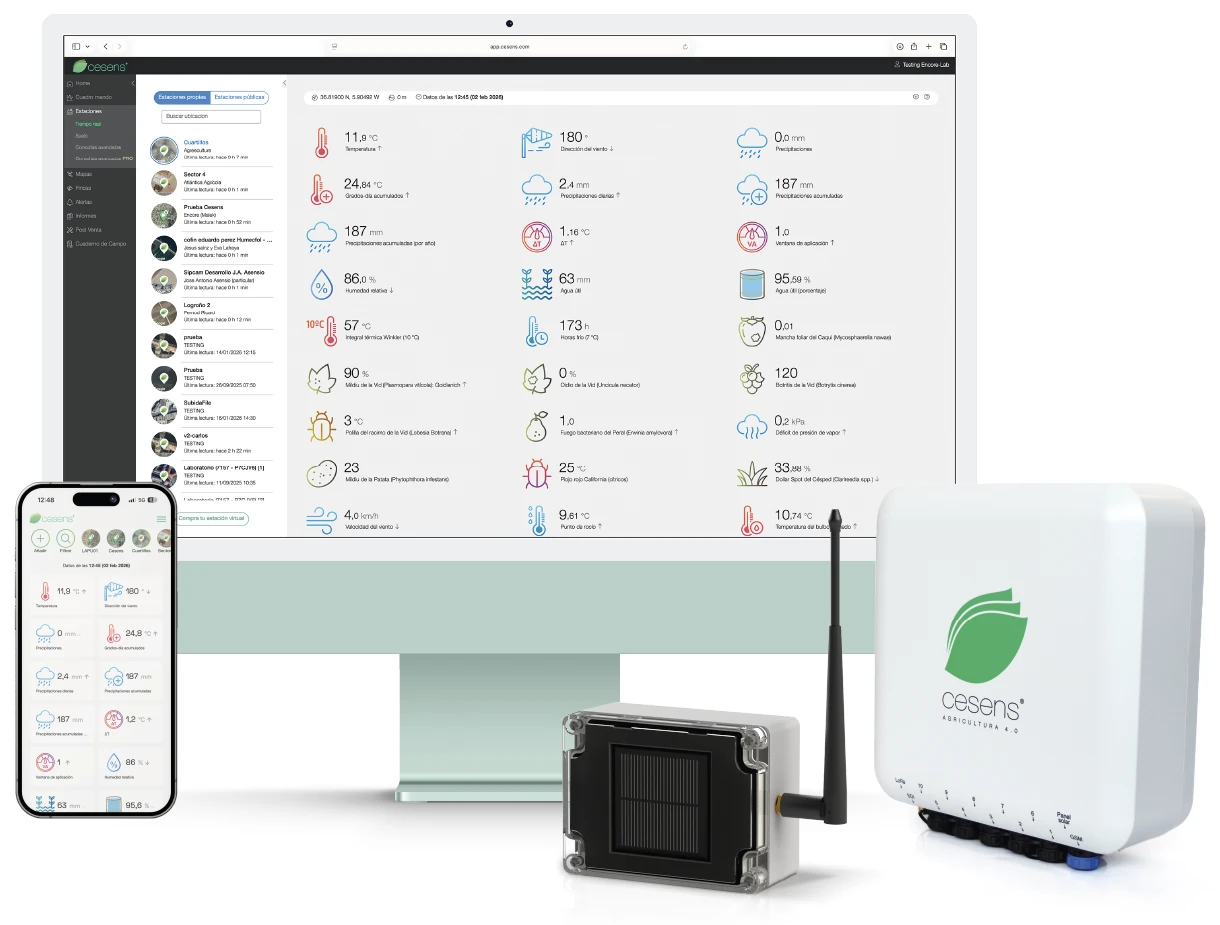 Sistema Cesens con estación, sensor, plataforma web y aplicación móvil